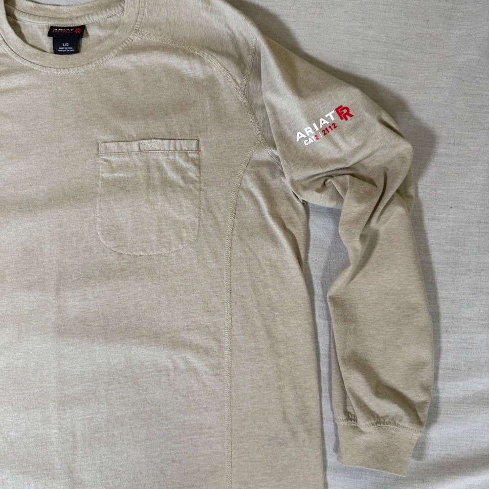 Ariat FR Mens Large Khaki Flame Resistant Long Sleeve Pocket T-Shirt CAT 2 PPE - Picture 4 of 14
